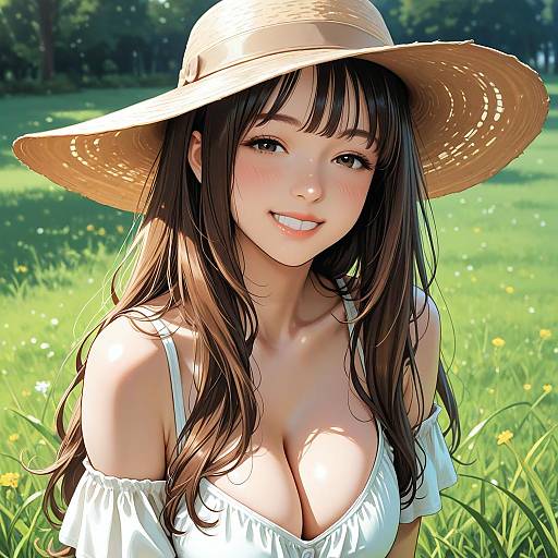 Digital anime-style photograph of a smiling young woman with long brown hair, wearing a large straw hat and white off-shoulder top, in a sun