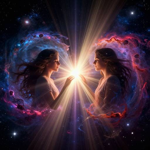 Digital art of two silhouetted women facing each other, hands touching, surrounded by colorful nebulae and starry space, centered by a