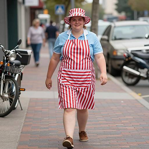 Plus Size Woman in Car Hop Costume Walking on Sidewalk