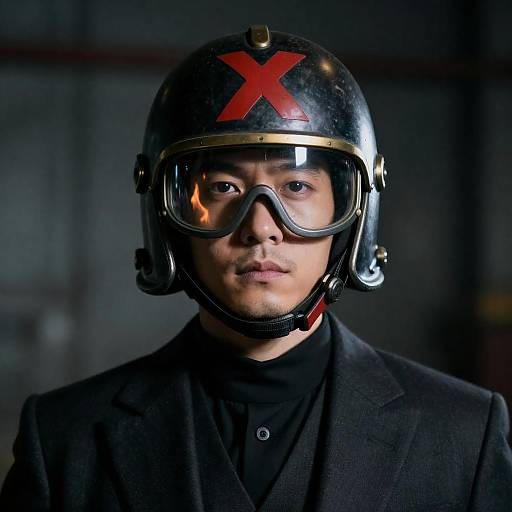 Mysterious Man in Metallic Helmet Portrait