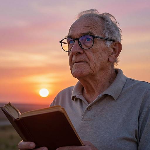 Photograph of an elderly white man with glasses, gray hair, and wrinkles, wearing a gray polo shirt, reading a book at sunset.