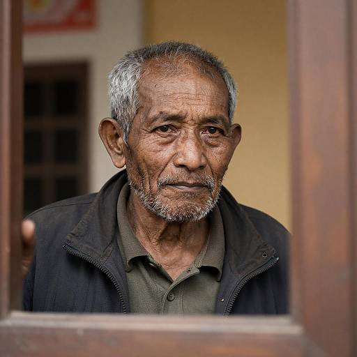 Elderly Man Peering Through Wooden Frame