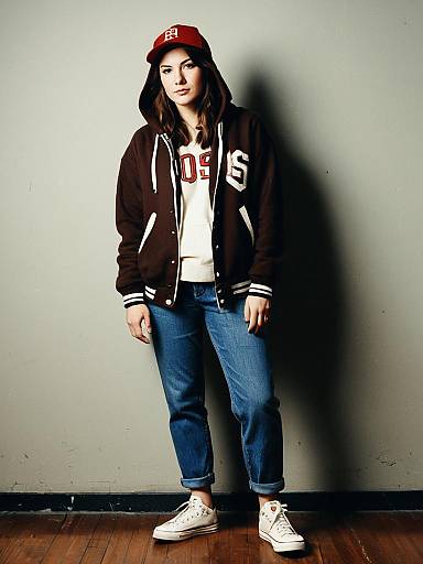 Photograph of a young woman with light brown skin, wearing a red cap, black and white varsity jacket, white shirt, blue jeans, and