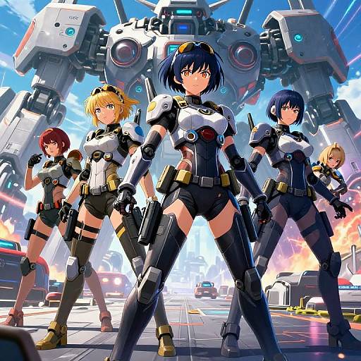 Digital anime artwork of five female mecha pilots in black and white armor, standing confidently in front of a massive robot, with a bright, explosive sky