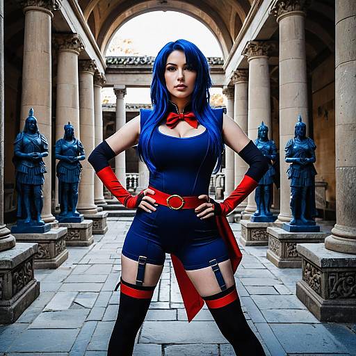 Woman in Blue and Red Cosplay Bodysuit in Stone Courtyard