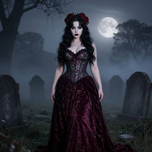 Gothic-style photograph of a pale woman with long black hair, dark lipstick, and a lace corset dress, standing in a misty graveyard