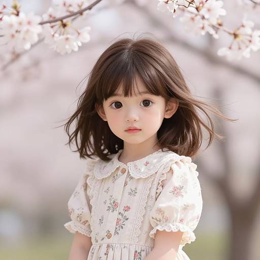 Photograph of a young Asian girl with large, dark eyes and shoulder-length brown hair, wearing a white floral dress, standing under blooming cherry bloss