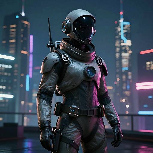 CGI image of a futuristic astronaut in a cityscape at night, wearing a glossy black helmet, metallic suit, and backpack, surrounded by neon-l