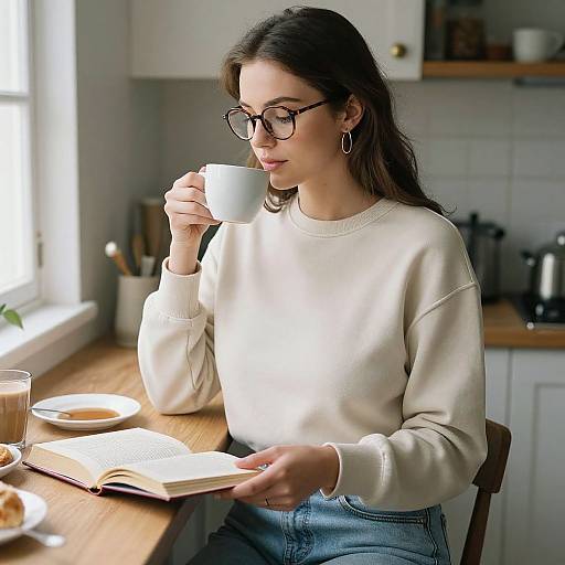 Photograph of a young woman with long brown hair, glasses, white sweater, and blue jeans, sipping coffee at a sunlit kitchen table.