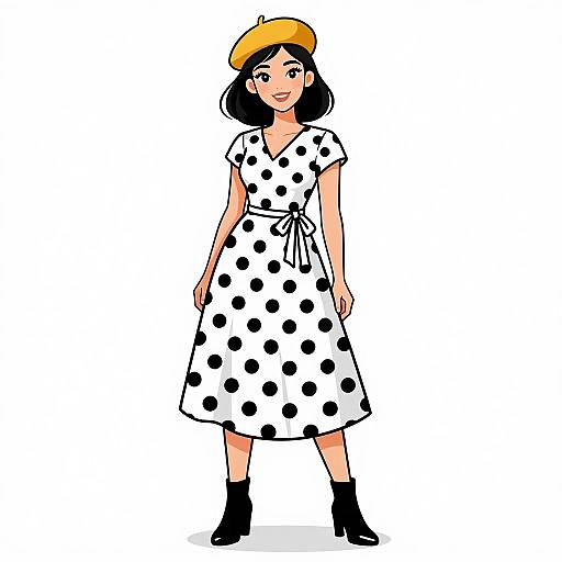 Digital illustration of a smiling woman with black bob, wearing a yellow beret, white polka dot dress, black ankle boots, and a belt.