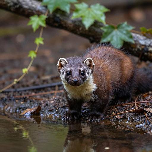 Photograph of a brown and white mustelid with black eyes, standing in a shallow, reflective forest stream, surrounded by green leaves and dark,