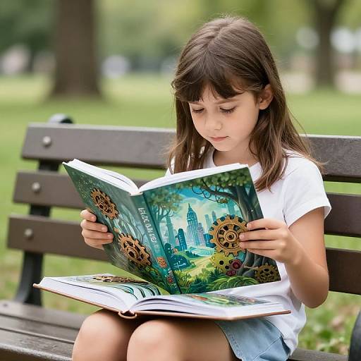 Photograph of a young girl with brown hair, wearing a white shirt and denim shorts, reading a colorful children's book on a black wooden bench in