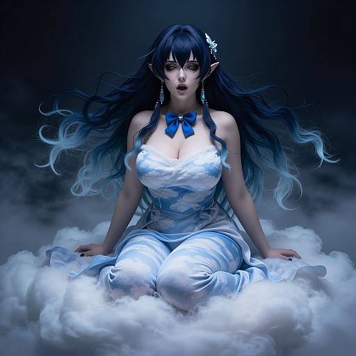 Digital art of a dark-haired, elf-eared woman with large breasts, wearing a white, cloud-like dress and blue ribbon, sitting on clouds against