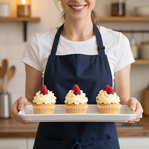 Photograph of a smiling woman in a white shirt and black apron, holding a white tray with three cupcakes topped with swirled cream and fresh