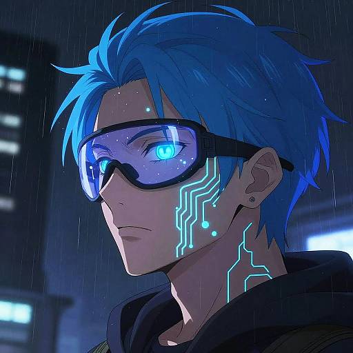 Digital anime-style portrait of a blue-haired man with glowing cybernetic eyes and neon circuit patterns on his cheek, wearing futuristic goggles, in a rainy