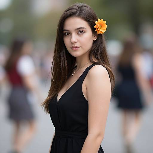 Photograph of a young woman with long brown hair, wearing a black sleeveless dress, an orange flower in her hair, standing in a blurred urban