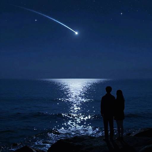 Silhouetted couple stands on rocky shore, gazing at a bright shooting star and sparkling sea under a starry night sky.
