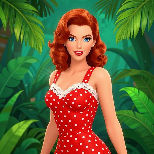Digital art of a red-haired woman with blue eyes, wearing a red polka dot dress with white lace trim, standing in a lush green jungle.