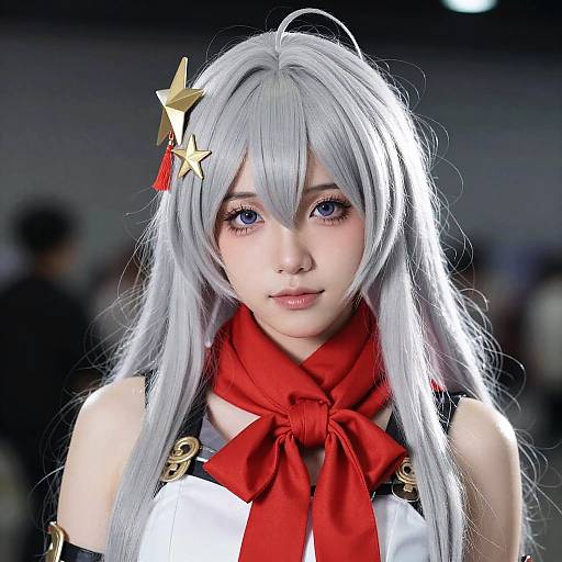 Photograph of a young woman cosplaying with long silver hair, blue eyes, red scarf, gold star hairpins, and white top, in a