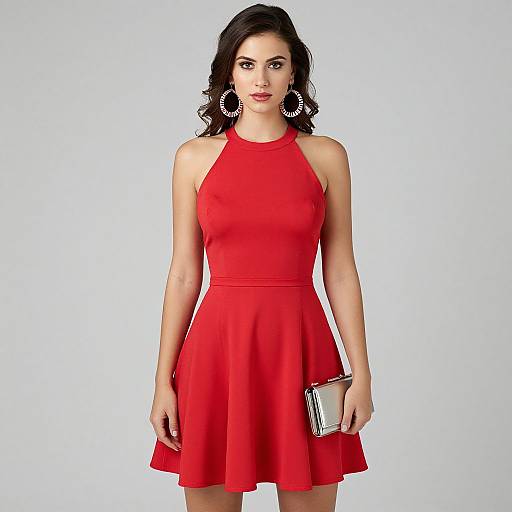 Photograph of a woman with fair skin, dark wavy hair, wearing a red sleeveless dress, holding a silver clutch, against a plain white