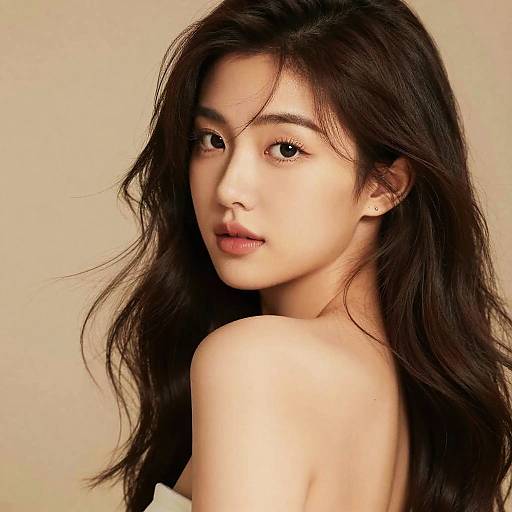 Photograph of an Asian woman with long, wavy black hair, fair skin, and soft brown eyes, looking back over her shoulder, topless