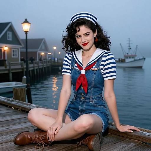 Photograph of a curly-haired woman in a sailor outfit, red neckerchief, denim overalls, sitting on a dock at dusk, with boats