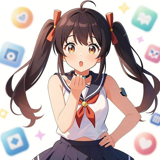 Anime-style digital drawing of a cute girl with long black pigtails, red bows, sailor school uniform, and surprised expression, hand near mouth.