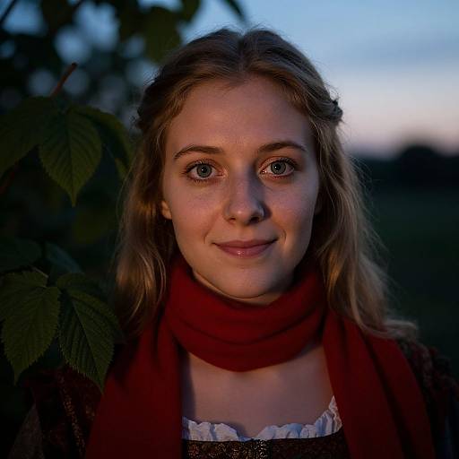 Photograph of a young woman with fair skin, blue eyes, and long brown hair, wearing a red scarf and white blouse, standing outdoors at dusk