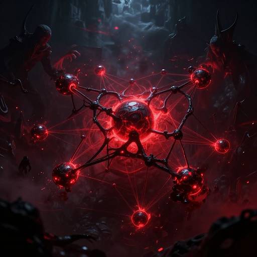 Digital artwork of a glowing, red, spider-like robot with crystalline spheres, emitting bright red energy, set against a dark, foggy, cavern