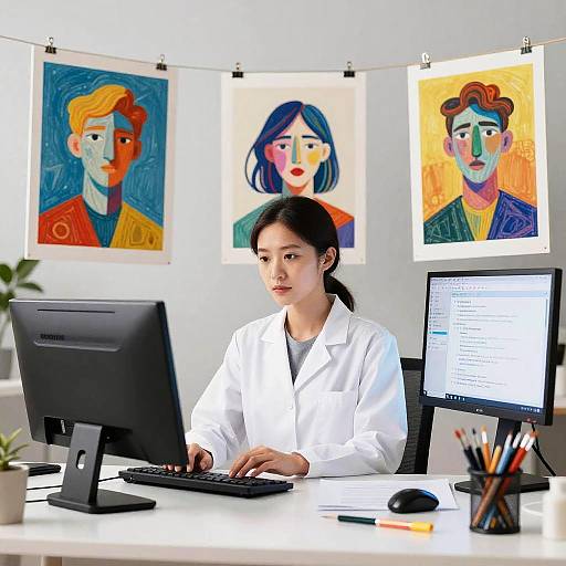 Photograph of an Asian woman in a white lab coat, working at a desk with two monitors, surrounded by colorful, abstract portraits on the wall.