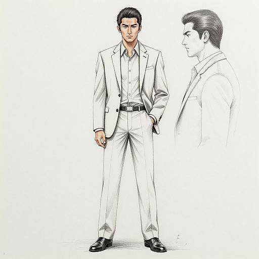 Digital illustration of a confident, dark-haired man in a white suit, black shoes, and white shirt, with a smaller grayscale sketch in the background.