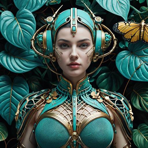 Futuristic Biomechanical Woman with Turquoise and Gold Details