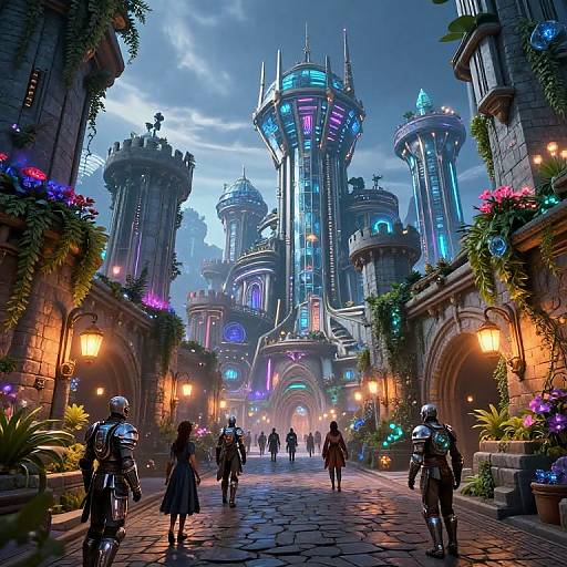 Futuristic Medieval Cityscape with Bioluminescence