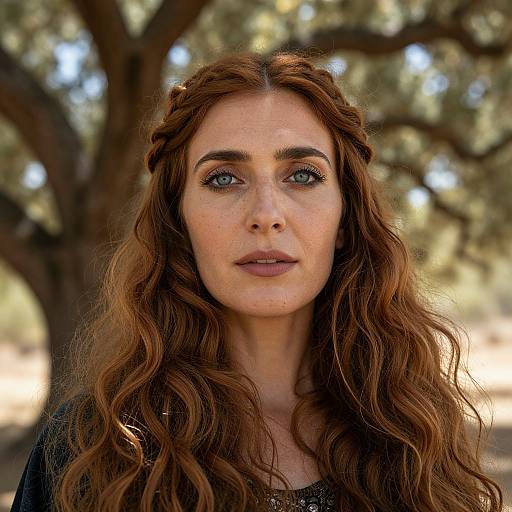 Photograph of a fair-skinned woman with long, wavy auburn hair, braided crown, blue eyes, and neutral makeup, standing