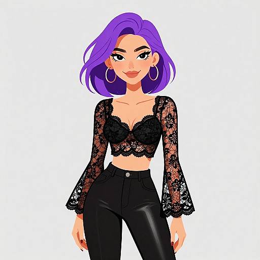Digital illustration of a confident woman with purple hair, wearing a black lace crop top and high-waisted black leather pants, large hoop earrings, and