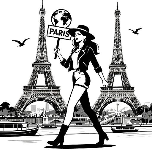 Black-and-white digital illustration of a stylish woman in a leather jacket and beret holding a 