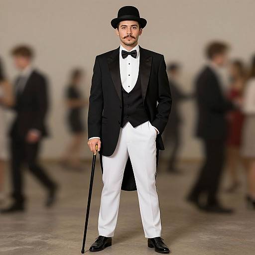 Photograph of a bearded man in a black top hat, black tuxedo, white trousers, holding a cane, standing confidently in a blurred