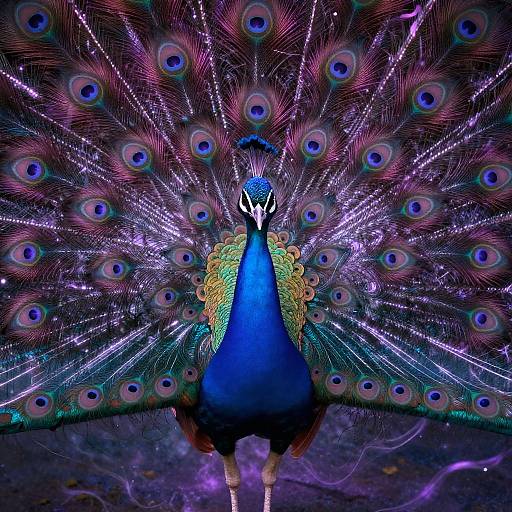 Photograph of a vibrant peacock with a dazzling blue body and expansive, colorful tail feathers illuminated by purple and pink lights.