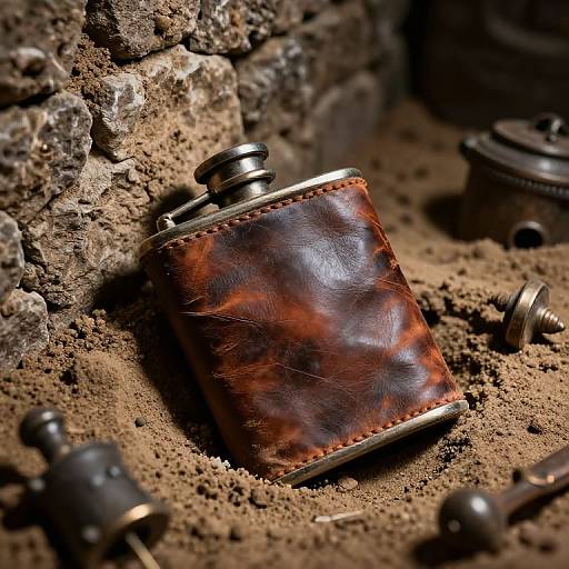 Photograph of a brown, leather-wrapped, metal-capped flask resting on dusty, rocky ground with scattered metal caps in the background.