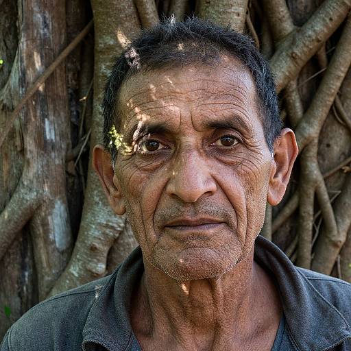 Photograph of an elderly man with weathered skin, short black hair, brown eyes, and a serious expression, standing against a backdrop of intertwined tree