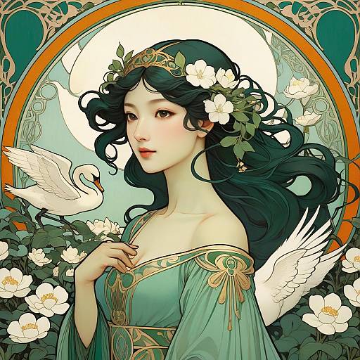 Art Nouveau Woman with Swans and Gardenias
