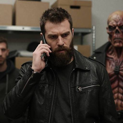Bearded Man on Phone with Grotesque Creature in Warehouse