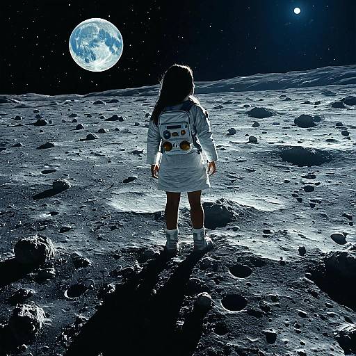 Girl Standing on Lunar Surface at Night