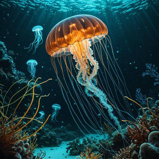 Glowing Jellyfish in Bioluminescent Depths Glowing Jellyfish in Bioluminescent Depths