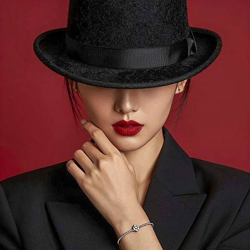 Woman in Black Top Hat and Red Lipstick