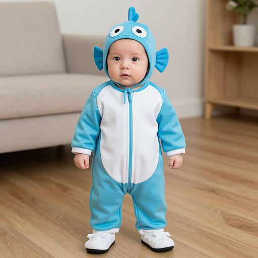 Photograph of a baby in a blue and white fish-themed onesie with fin hood, standing on wooden floor in living room.