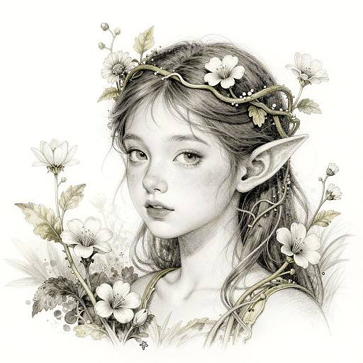 Digital illustration of an ethereal, elven girl with long hair, pointed ears, and a floral crown, surrounded by delicate flowers. Monochromatic
