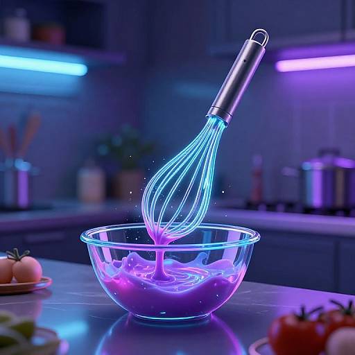 Photograph of a glowing neon whisk in a transparent bowl with splashing purple liquid, set in a modern, dimly lit kitchen with purple and blue
