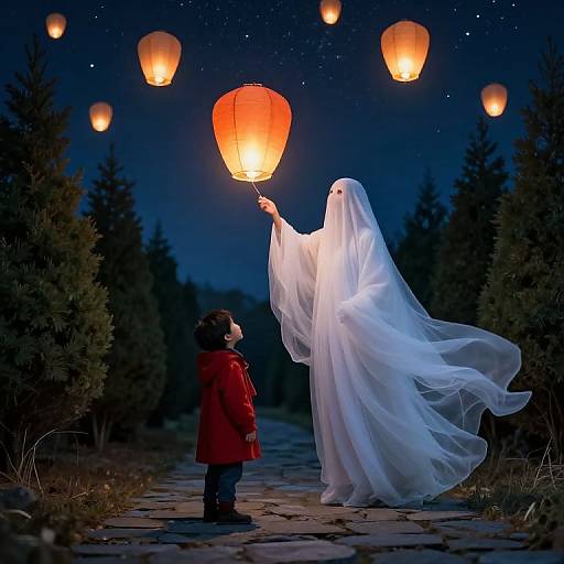 Photograph of a child in a red coat releasing a glowing lantern, as a white ghostly figure floats beside, surrounded by floating lanterns in a