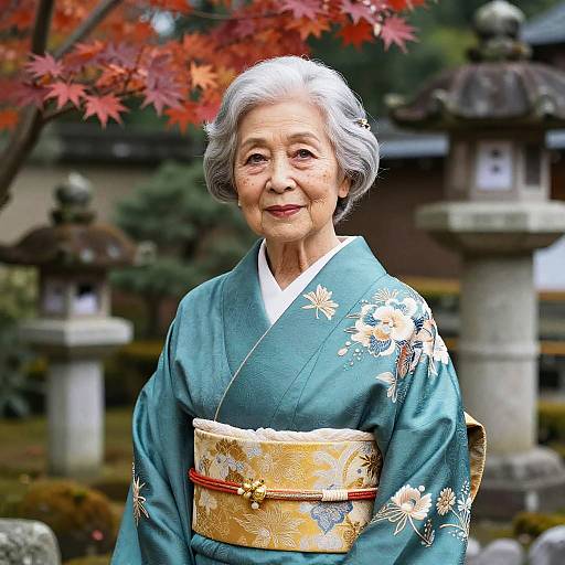Elegant Elderly Woman in Teal Kimono